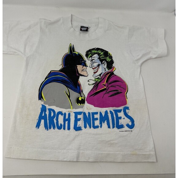 Vintage 1989 Arch Enemies Batman v Joker T Shirt Size 10-12 White DC Comics 80s - Picture 1 of 13